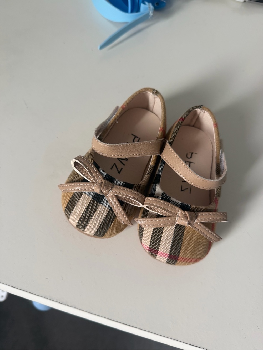 Classic Plaid Baby Mary Janes with Beige Bow Strap